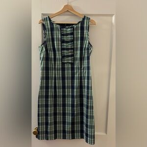 Talbots Womens Size 8 Navy Green Plaid Ruffle Placket Sleeveless Shift Dress